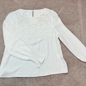 White Lace Yoke Long-Sleeve Blouse